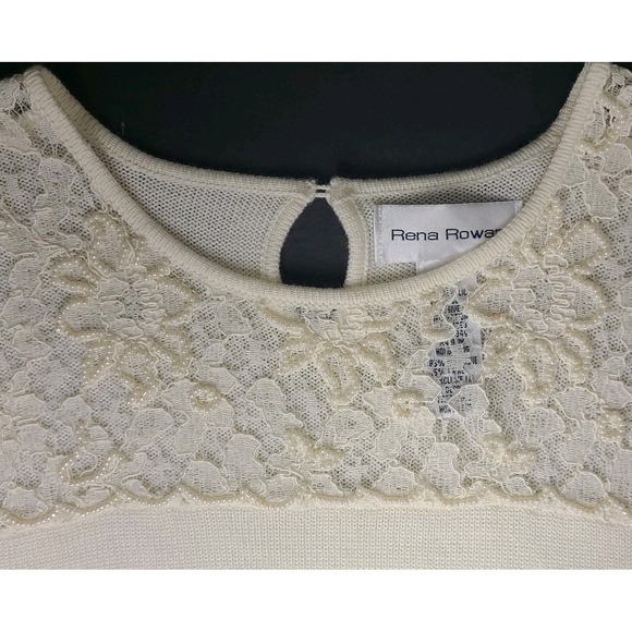 Vtg Rena Rowan Ivory Knit Lace Pearl Embellished Knit Blouse Top Womens Size L - Picture 7 of 8